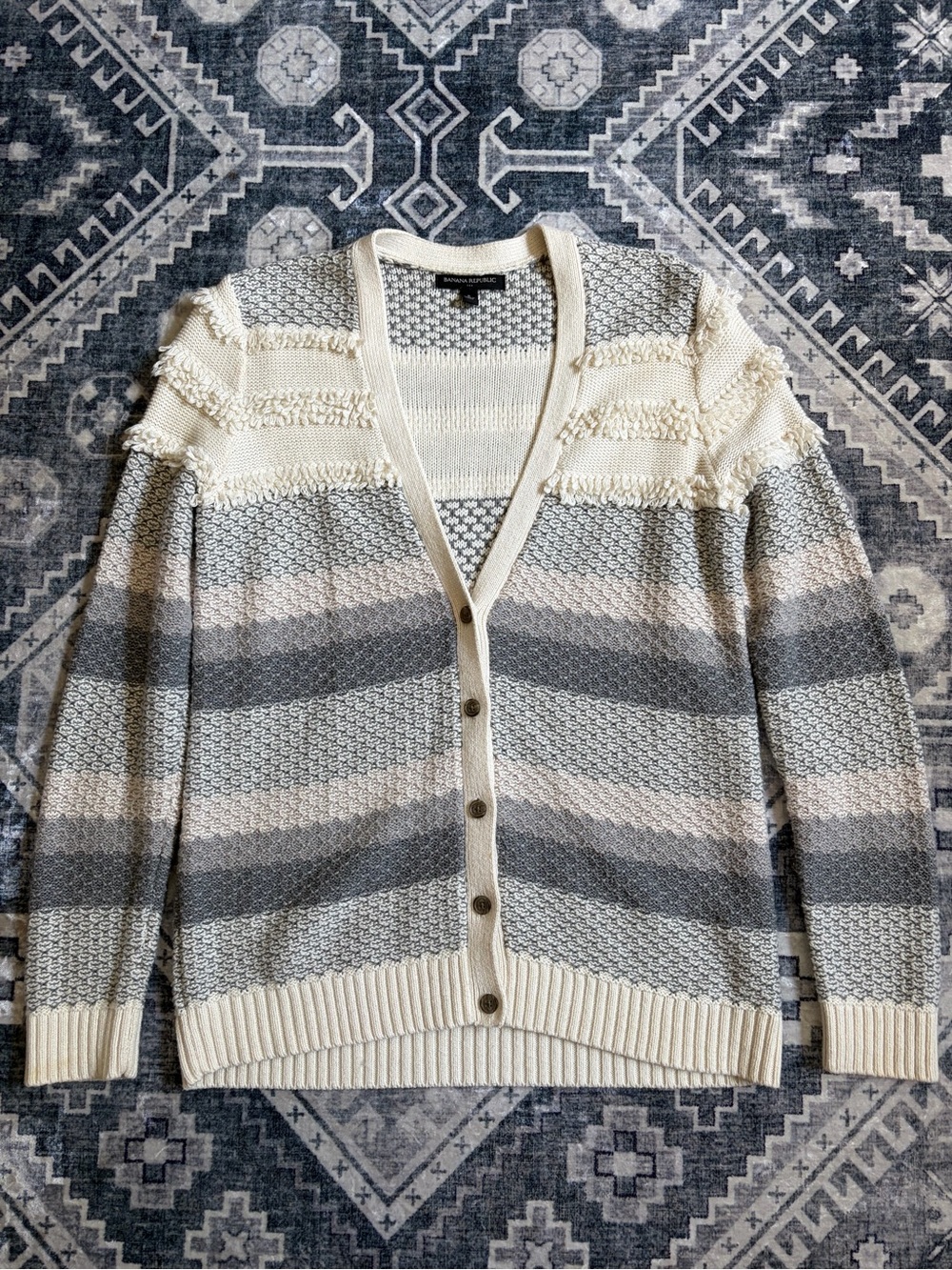 Banana Republic Cream & Gray Striped Knit Cardigan Sweater